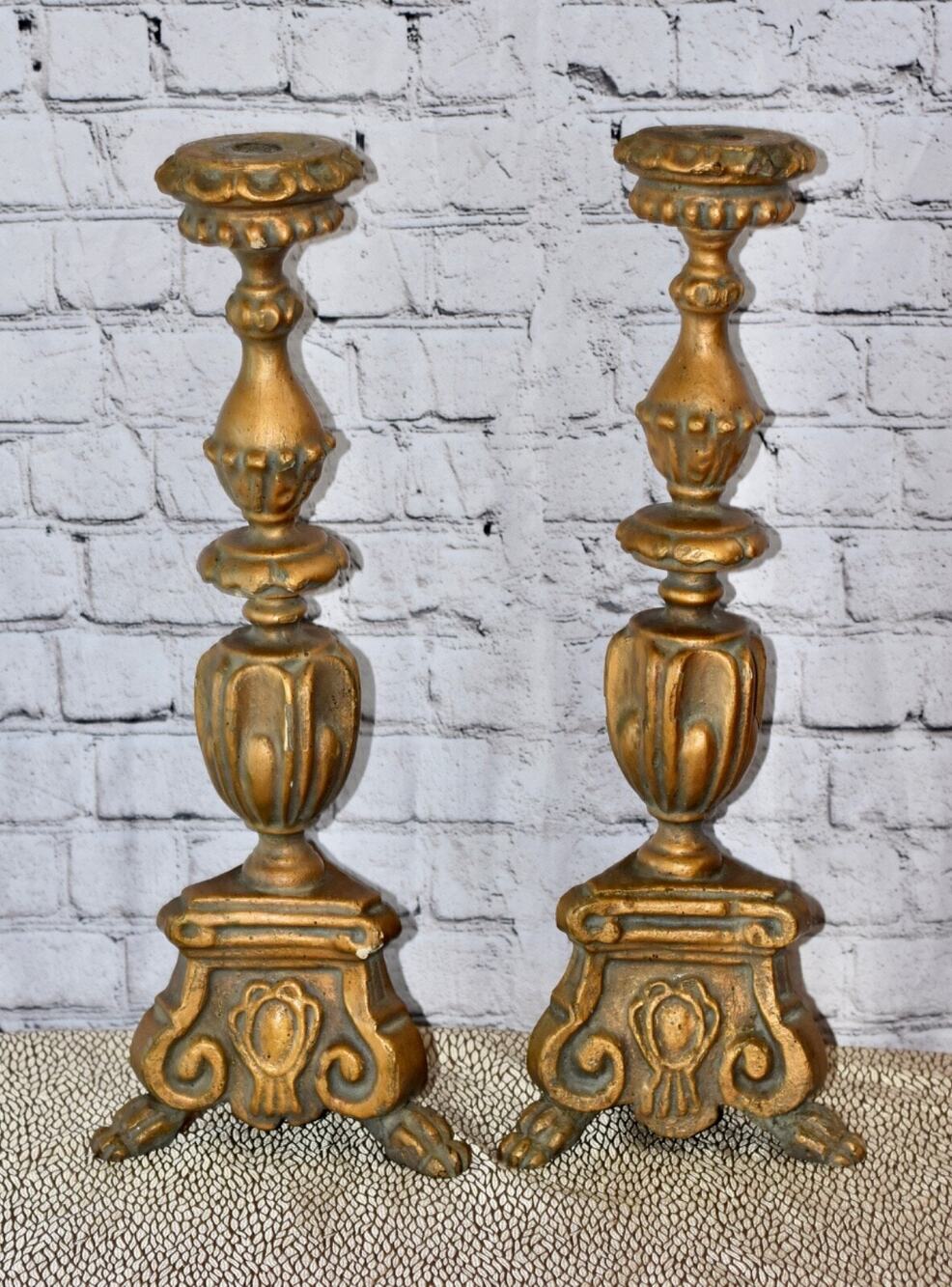 Antique 18th Century Carved and Gilt Wood Baroque Rococo Altar Floor Candlestick